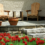 Stone patio with red tulips